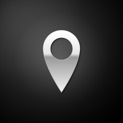 Silver Location icon isolated on black background. Pointer symbol. Navigation map, gps, direction, place, compass, contact, search concept. Long shadow style. Vector illustration