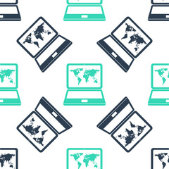 Green Laptop with world map on screen icon isolated seamless pattern on white background. World map geography symbol. Vector.