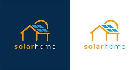 Solar power home logo icon template. Solar panel on roof with house and sun sign. Alternative energy company emblem. Renewable electricity business symbol. Vector illustration.