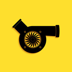 Black Automotive turbocharger icon isolated on yellow background. Vehicle performance turbo. Car turbocharger. Turbo compressor induction symbol. Long shadow style. Vector.