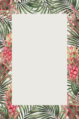Palm leaves and pineapple border design. Tropical watercolor background. Invitation or greeting card