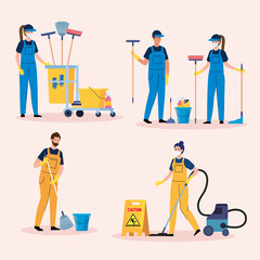 set scenes of cleaning service, workers of cleaning service with equipments vector illustration design