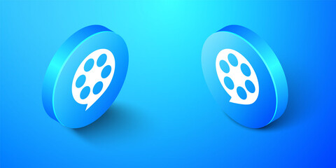 Isometric Film reel icon isolated on blue background. Blue circle button. Vector.