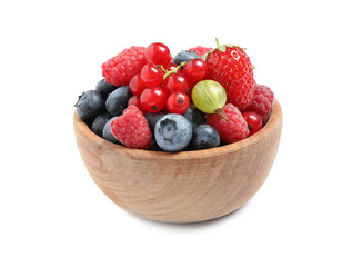 Mix of different fresh berries in bowl on white background