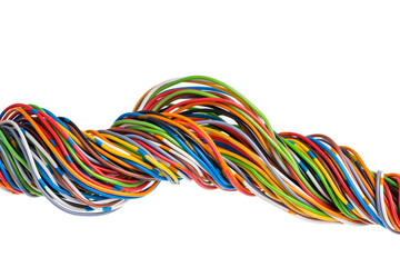 Electic colorful cable wire closeup isolated on white background