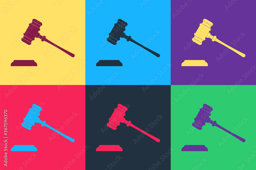 Wall mural pop art judge gavel icon isolated on color background. gavel for adjudication of sentences and bills