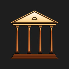 Gold Courthouse building icon isolated on black background. Building bank or museum. Long shadow style. Vector.