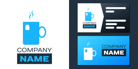Logotype Cup of tea with tea bag icon isolated on white background. Logo design template element. Vector.