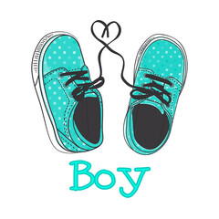 Boy text with pair little sneakers. Hand drawing modern fashion print design for kids. Vector stock illustration isolated on white