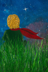 Oil painting. The little prince and the rose. Fabulous picture, fairy tale on canvas. Background.
