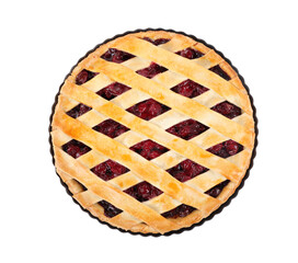 Delicious fresh cherry pie in baking dish isolated on white, top view