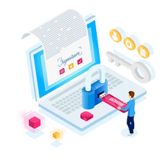 Isometric design. Vector illustration. Concept 3d, 2d graphics. Digital contract. Remote Business Transaction. Online signature of the contract. Signing of documents. Virtual signature. infographic.