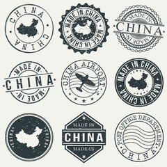 China Set of Stamps. Travel Stamp. Made In Product. Design Seals Old Style Insignia.