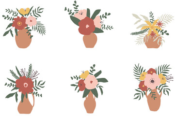 Floral bouquets. Hand drawn illustration. Trendy autumn colours. Perfect for wedding invitation, posters, stickers, packaging. Isolated elements. Set of different crocks with  floral bouquets. 