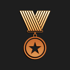 Gold Medal with star icon isolated on black background. Winner achievement sign. Award medal. Long shadow style. Vector.