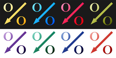 Set Percent down arrow icon isolated on black and white background. Decreasing percentage sign. Vector.