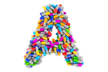 Letter A from colored capsules. 3D rendering