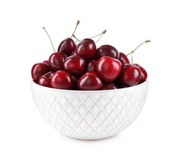 Tasty ripe red cherries in bowl isolated on white
