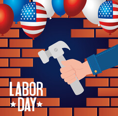 happy labor day holiday banner and hand with hammer tool vector illustration design