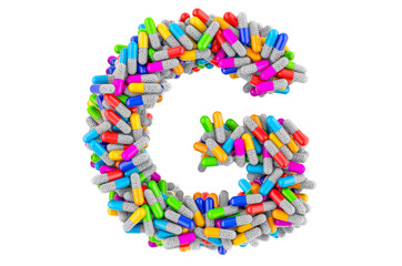Letter G from colored capsules. 3D rendering
