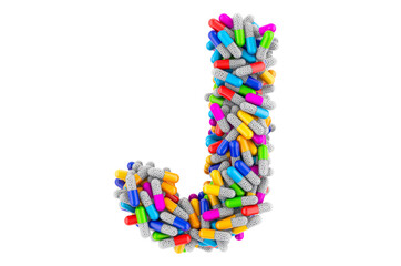 Letter J from colored capsules. 3D rendering