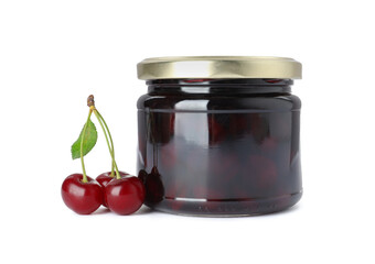 Jar of cherry jam and fresh berries on white background