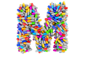 Letter M from colored capsules. 3D rendering