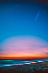 Fototapeta na wymiar Concept: Serendipity. Neowise Comet. Sunset over the beach.
