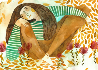 A girl having a rest on a field of flowers