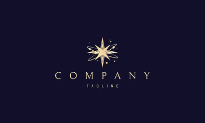 Vector golden logo on which an abstract image of a big bang in the form of stars and planets. © Дмитрий Василега