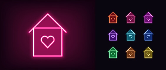 Neon lovely home icon. Glowing neon house sign with heart, sweet home