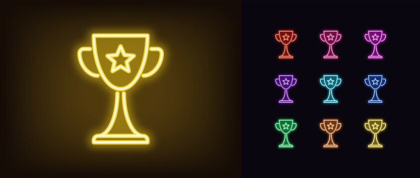 Neon Award Cup Icon. Glowing Neon Goblet Sign, Set Of Trophy