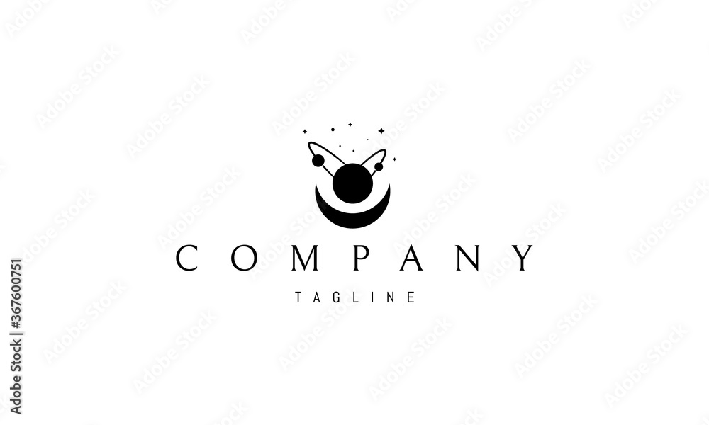 Wall mural vector logo on which an abstract image of a planet with satellites at the bottom of which is an inve