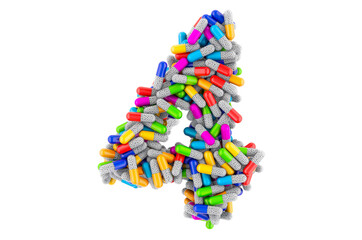 Number 4 from colored capsules. 3D rendering
