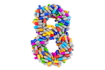 Number 8 from colored capsules. 3D rendering