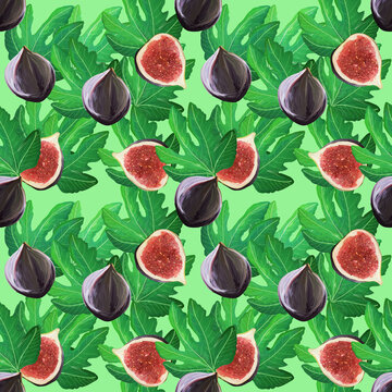 Beautiful pattern with figs and leaves . Bright tropical fruit isolated on light green background, hand-drawn design for background, wallpaper, textile, wrap