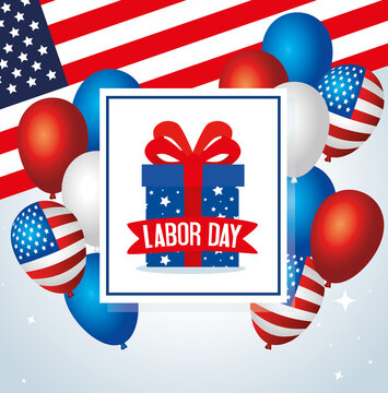happy labor day holiday banner with gift box and balloons helium vector illustration design