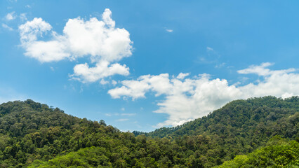 Background, mountains and sky, bright blue clouds, abundant green, comfortable to the eyes