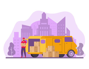 Delivery service and logistics.Man unloading box from truck.Courier with parcel. Skyline of skyscrapers.Vector flat.