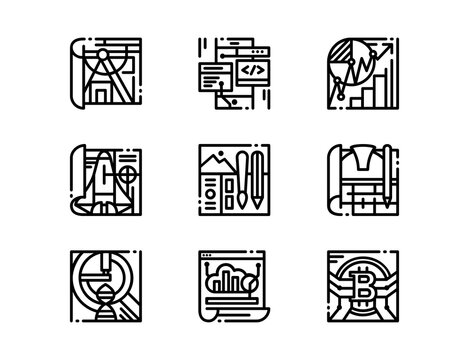 Online education, set of icons, training, online study, Engineering, sciences, Architecture, development, Aerospace, Digital art, Data, Cryptocurrency, Business analysis
