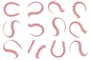 Baseball ball lace. Softball balls with red threads stitches graphic elements, spherical stroke lines leather sport equipment vector set