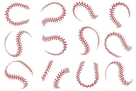 Baseball ball lace. Softball balls with red threads stitches graphic elements, spherical stroke lines leather sport equipment vector set