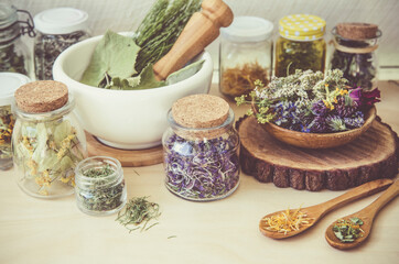 Lot of different dry herbal remedy plants( Chamaenerion angustifolium, Achillea millefolium, Tilia platyphyllos, Prunella vulgaris, Equisetum arvense  in containers Vintage Instagram style filter.