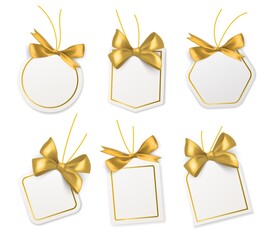Tags with gold bows. Blank white price paper labels with golden ribbons for christmas, birthday or wedding packaging gift vector realistic isolated templates collection