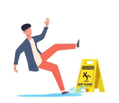 Wet floor. Falling man slips in water, slipping and downfall, injured character, caution danger wet floor yellow sign cartoon vector concept
