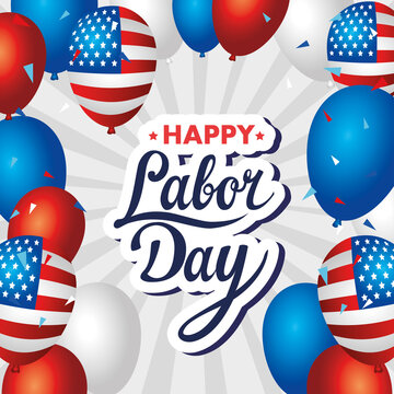 happy labor day holiday banner with balloons helium decoration vector illustration design