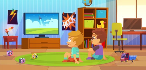 Kids watch tv. Children interior, child boy teenagers apartment, boys sitting with friend and watching cartoons in room, toys playroom, home furniture, flat cartoon vector illustration