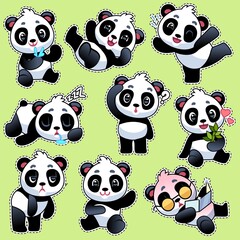 Set of stickers with cute pandas. Cute asian adorable bears in different poses and emotions, eating bamboo stem, playing and sleeping, flat cartoon vector character collection