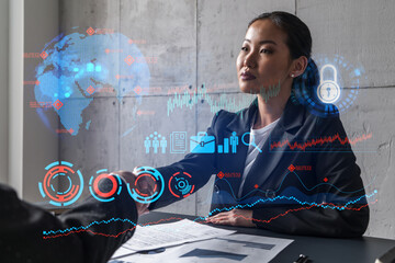 Two woman handshake. Education fin-tech hologram. Multiexposure. International business.