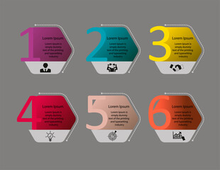 Business data visualization, infographics. The scheme of process of elements by means of graphics, diagrams on six stages with icons, numbers an example of registration by the test variants, parts. Bu
